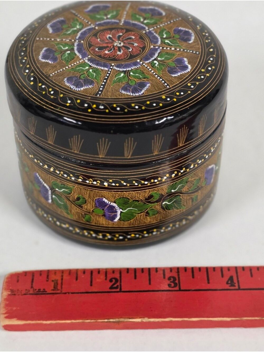Vintage Round Trinket Lacquerware Box, Glossy Black Finish, Made In Thailand - Picture 6 of 14